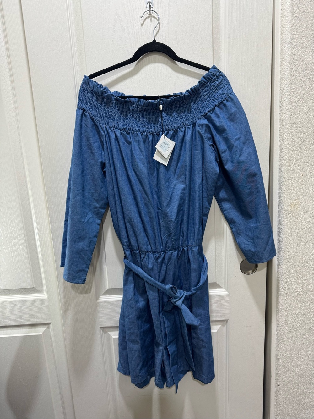 NWT By Egreis Chambray Off Shoulder Tie Waist Romper XXL